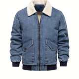 kkboxly  Warm Fleece Denim Jacket, Men's Casual Flap Pocket Jacket Coat With Fur Collar For Fall Winter