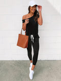 kkboxly  Solid Slanted Shoulder Jumpsuit, Casual Short Sleeve Drawstring Long Length Jumpsuit, Women's Clothing