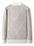 Men's Trendy Argyle Pattern Knitted Pullover, Casual Slightly Stretch Breathable Sweater For Outdoor