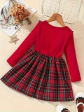 Long Sleeve Sweet & Stylish Ruffle Spliced Bow Decor Plaid Pattern Dress for Fall & Winter, as Christmas Gifts