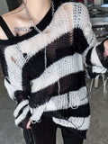 kkboxly  Y2K Striped Crew Neck Ripped Sweater, Long Sleeve Raw Trim Loose Sweater For Spring & Fall, Women's Clothing