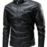 kkboxly  Vintage PU Leather Jacket, Men's Casual Zip Up Stand Collar Faux Leather Jacket For Spring Fall Outdoor