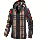 kkboxly Plaid Retro Vintage Hooded Jacket, Men's Casual Zip Up Jacket Coat Hoodie College Hipster Windbreaker For Spring Fall