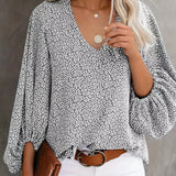 kkboxly  Floral Print Lantern Sleeve Blouse, Casual V Neck Long Sleeve Blouse For Spring & Fall, Women's Clothing