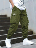 kkboxly  Plus Size Men's Drawstring Cargo Pants: Letters Print, Multi-Pocket Design, Perfect For Outdoor Activities