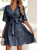 kkboxly  Allover Print Belted V Neck Dress, Casual Short Sleeve Dress For Spring & Summer, Women's Clothing