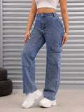 kkboxly  Loose Fit Casual Straight Jeans, Flap Pockets Non-Stretch Denim Pants, Women's Denim Jeans & Clothing