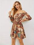 Paisley Print Off Shoulder Dress, Elegant Long Sleeve Shirred Dress For Spring, Women's Clothing