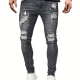 kkboxly  Slim Fit Ripped Jeans, Men's Casual Street Style Distressed Mid Stretch Denim Pants For Spring Summer