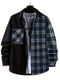 Men's Casual Cotton Stitch Plaid Button Up Shirt With Chest Pocket, Male Clothes For Spring And Fall