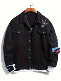 kkboxly  Bird Embroidery Denim Jacket, Men's Casual Flap Pocket Button Up Jacket For Fall Winter