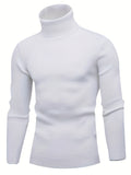 kkboxly Turtle Neck Knitted Slim Fit Sweater, Men's Casual Warm Solid High Stretch Pullover Sweater For Fall Winter