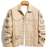kkboxly  Letter Print Denim Jacket, Men's Casual Chic Lapel Chest Pocket Jacket
