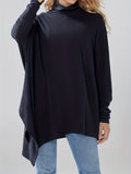 kkboxly  Solid Turtle Neck Asymmetric Hem Top, Elegant Long Sleeve Loose Top For Spring & Fall, Women's Clothing