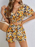 kkboxly  Floral Print Two-piece Set, Short Sleeve V Neck Shirred Crop Blouse & Casual Shorts Outfits, Women's Clothing