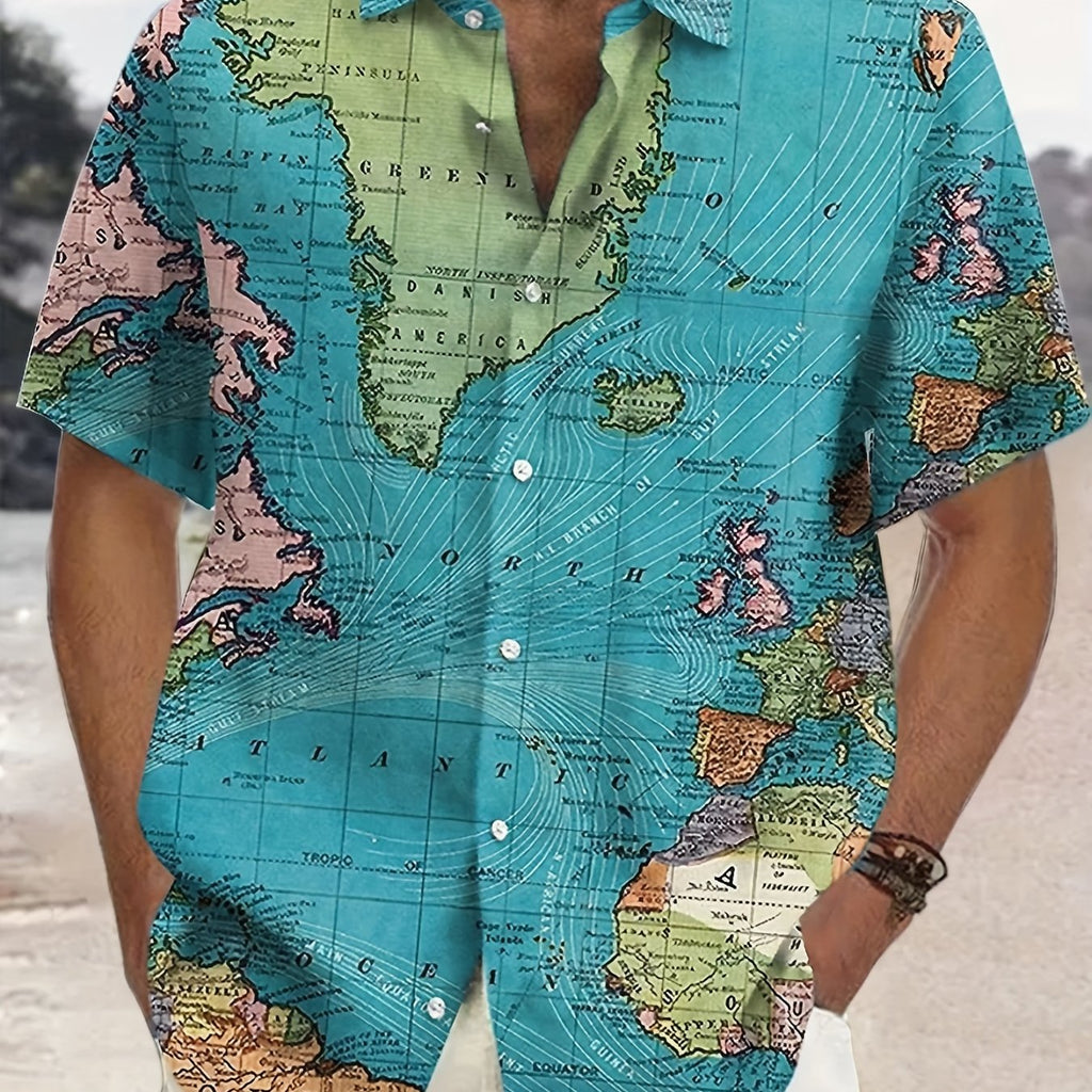 kkboxly  Plus Size Men's Hawaiian Shirts For Beach, Comfy Full Retro Map Printed Short Sleeve Aloha Shirts, Oversized Casual Loose Tops For Summer