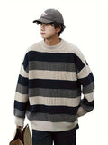 kkboxly  Men's Stylish Color Matching Knitted Pullover, Casual Breathable Long Sleeve Crew Neck Top For City Walk Street Hanging Outdoor Activities
