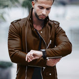 kkboxly  Stylish Slant Placket Biker Jacket, Men's Casual Solid Color Belt Zip Up Turndown Collar Faux Leather Jacket For Spring Fall