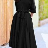 kkboxly  Solid One Shoulder Belted Dress, Elegant Lantern Sleeve Dress, Women's Clothing