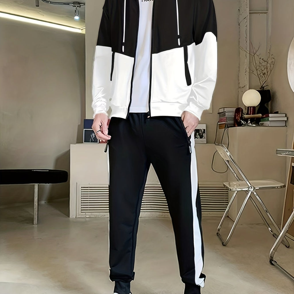 kkboxly  2pcs Men's Casual Zip-up Hooded Jacket And Color Block Jogger Pants With Zip Pockets