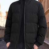 kkboxly  Men's Solid Padded Jacket, Men Casual Padded Coat Windbreaker Zipper Pocket Stand Collar For Men Winter