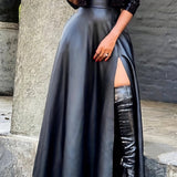 High Waist PU Leather Skirt, Sexy Side Slit Casual Skirt For Spring & Summer, Women's Clothing