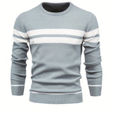 kkboxly  All Match Knitted Striped Pattern Sweater, Men's Casual Warm Slightly Stretch Crew Neck Pullover Sweater For Men Fall Winter