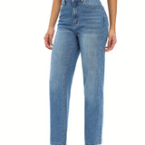 kkboxly  Loose Fit Washed Straight Jeans, Slant Pockets Non-Stretch Denim Pants, Women's Denim Jeans & Clothing