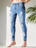 Ripped Skinny Jeans, Men's Casual Street Style High Stretch Denim Pants With Pockets
