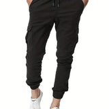 Solid Color, Men's Drawstring Cargo Pants, Flap Pocket Trendy Jogger Pants, Mens Work Pants