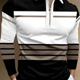 kkboxly  Color Block Striped Men's Long Sleeve Zipper Lapel Shirt, Men's Stylish Spring Fall Golf Shirt
