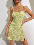 Kkboxly  Floral Print Spaghetti Dress, Romantic Split Backless Lace Up Cami Dress, Women's Clothing