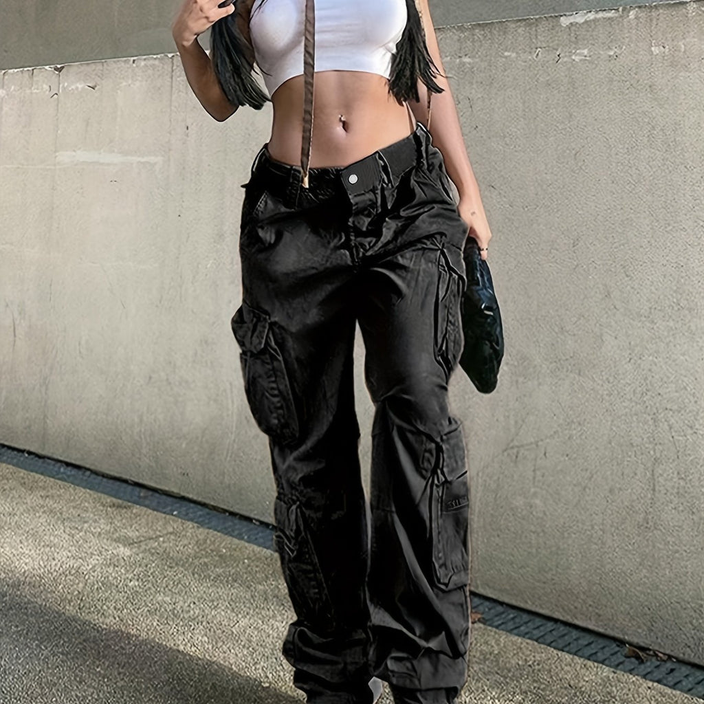 kkboxly  Wide Legs Baggy Cargo Pants With Flap Pockets, Girl's Y2K Style Jeans, Y2K Kpop Vintage Style Women's Clothing & Denim