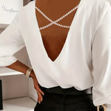 kkboxly  Faux Pearl Back Cross V Neck Blouse, Casual Long Sleeve Blouse For Spring & Fall, Women's Clothing