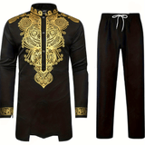 kkboxly  Men's African 2 Piece Set Long Sleeve Gold Print Dashiki And Pants Outfit Traditional Suit