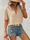 2025 kkboxly  Ruched Short Sleeve Blouse, Casual Button Front Collar Blouse, Women's Clothing