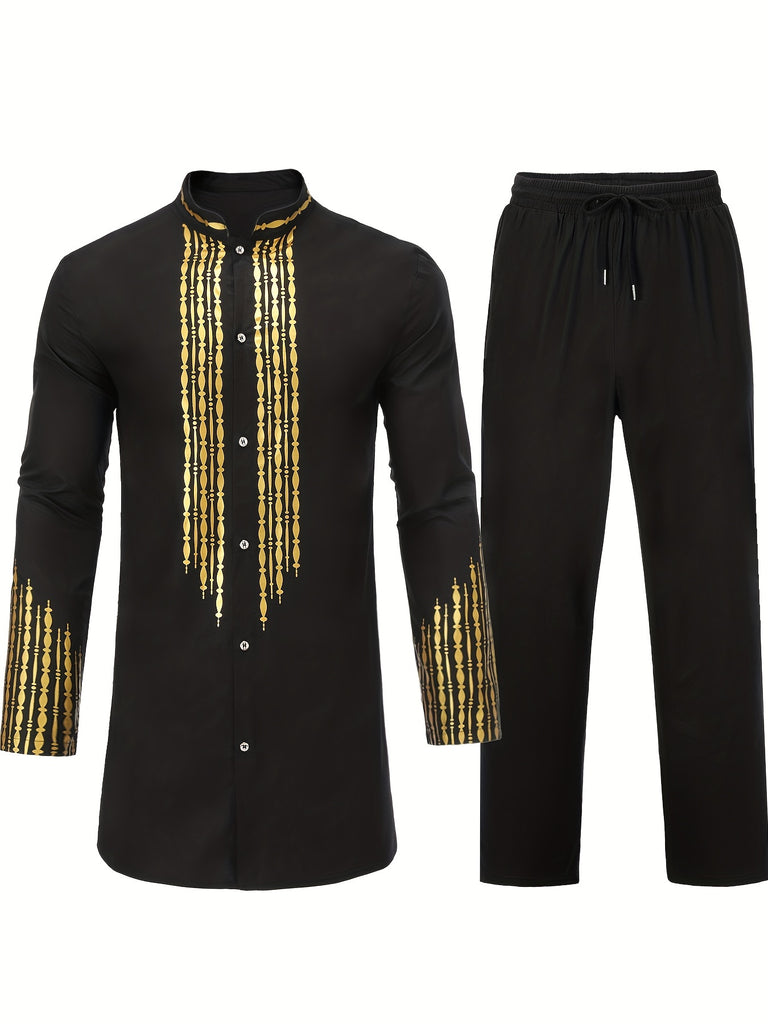 kkboxly Men's African 2 Pcs Set Long Sleeve Gold Print Cotton Dashiki And Pants Outfit Traditional Suit
