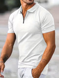 kkboxly  Solid Color Men's Casual Short Sleeves Zipper Graphic Polo Shirts, Lapel Collar Tops Pullovers, Men's Clothing For Summer