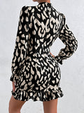 Leopard Print Ruched Dress, Sexy Mock Neck Long Sleeve Bodycon Dress, Women's Clothing