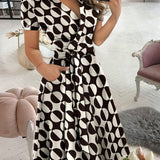 kkboxly  Geo Print Color Block Dress, Casual Slant Pocket Short Sleeve V-neck Dress, Women's Clothing