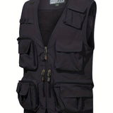 kkboxly  Zipper Pockets Cargo Vest, Men's Casual Street Style Zip Up Vest For Spring Summer Outdoor Fishing Photography