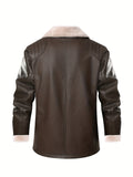 kkboxly Men's Stylish Solid Faux Leather Jacket With Pockets, Active Slightly Stretch Breathable Lapel Zip Up Long Sleeve Fleece Jacket  For Hiking Jogging Cycling Outdoor Fitness Workout