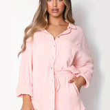 kkboxly  Casual Solid Two-piece Shorts Set, Button Front Shirt & Drawstring Shorts Outfits, Women's Clothing