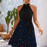 kkboxly  Belted Elegant Halter Dress, Sleeveless Casual Dress For Spring & Summer, Women's Clothing