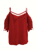 kkboxly   Lace Sleeve Cold Shoulder Blouse, Casual Spaghetti Solid V Neck Blouse, Women's Clothing