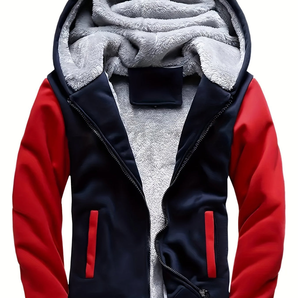 kkboxly  Warm Fleece Hooded Jacket, Men's Casual Zip Up Slant Pocket Jacket For Fall Winter
