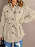 kkboxly  Plus Size Casual Coat, Women's Plus Solid Button Up Long Sleeve Turn Down Collar Shacket With Belt