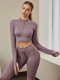 kkboxly  Women's Activewear: Fashionable Solid Color Half Zipper Yoga Sports Top with Stretchy Ribbed Knitting for Long Sleeve Fitness Workout Gym Wear