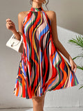 kkboxly  Striped Pleated Halter Neck Dress, Sexy Sleeveless Random Print Dress For Spring & Summer, Women's Clothing