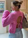 kkboxly Backless Crew Neck Sweater, Casual Long Sleeve Sweater, Women's Clothing